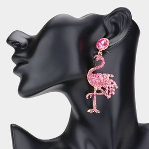 Fuchsia Pink Flamingo Rhinestone Crystal Dangle Earrings
